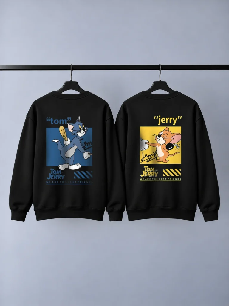 دورس ست کاپلی تام و جری ۲ مشکی - نمای پشت با کارت‌های تام و جری پشت لباس
